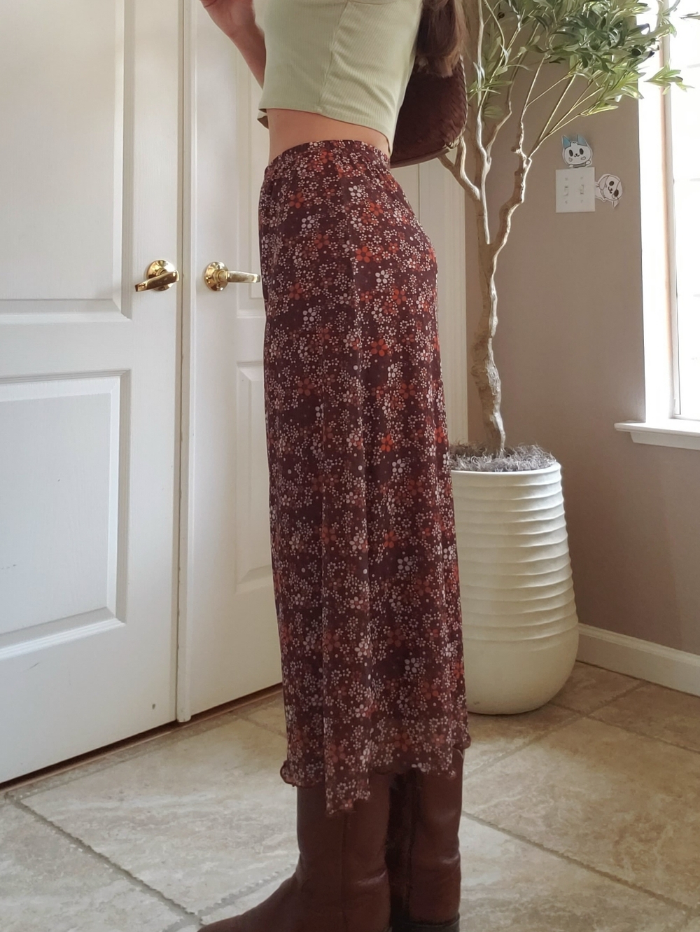 Brown + Orange Boho Floral Lettuce Trim Midi Skirt - Picture 4 of 7